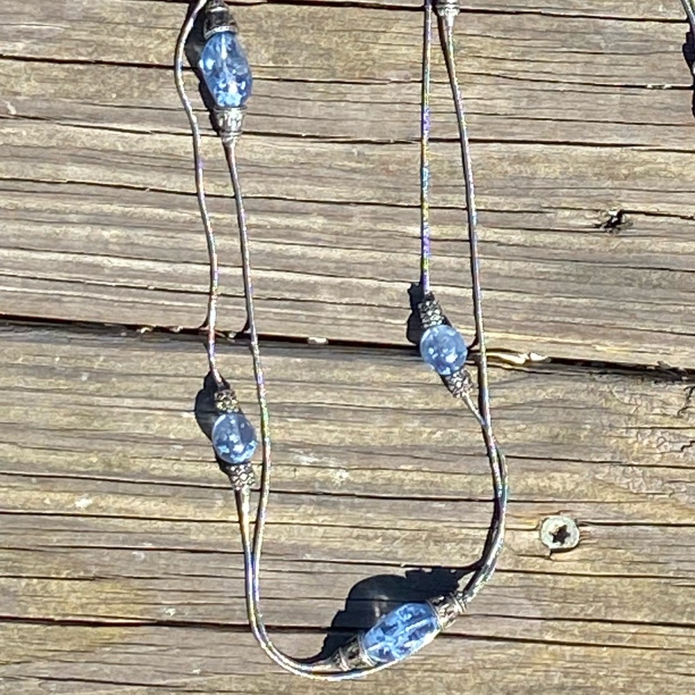 Long double strand necklace light blue beaded lantern look beads
